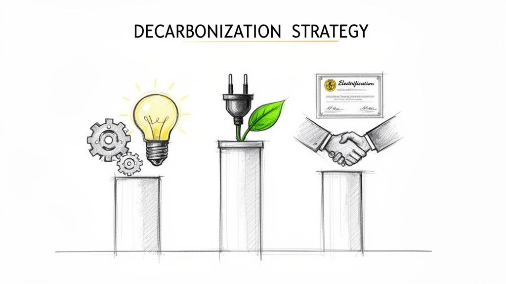 Imagine schițată cu strategia de decarbonizare, incluzând inovație, electrificare durabilă și colaborare.