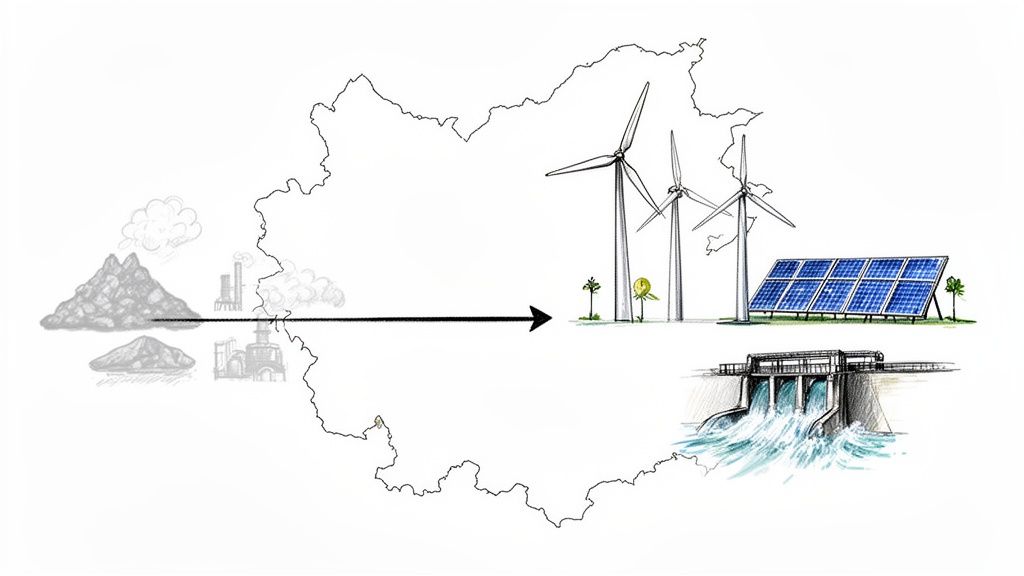 Tranziție de la surse de energie fosilă (cărbune, fabrici) la energie regenerabilă (eoliană, solară, hidro).