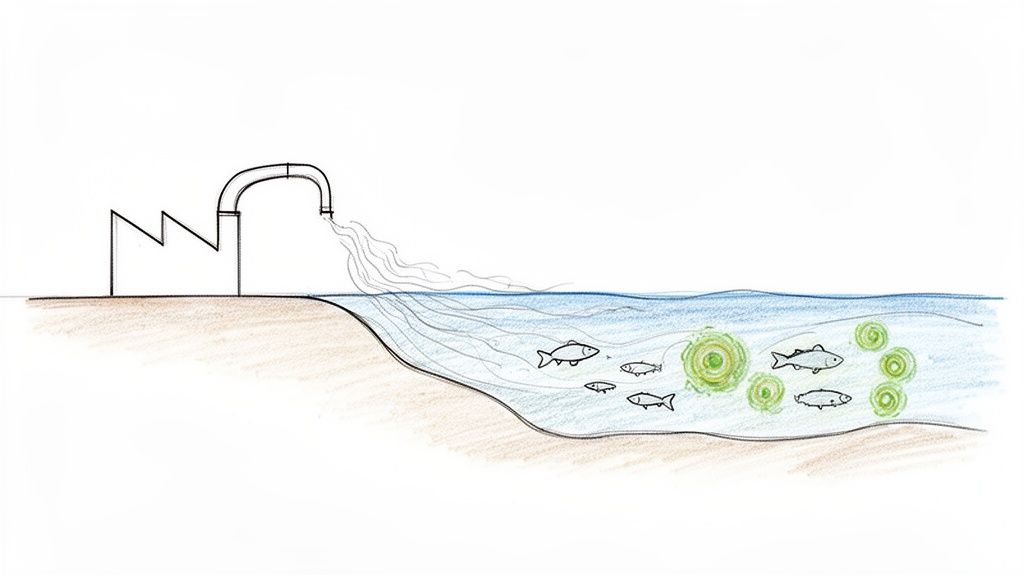 O fabrică deversează deșeuri într-un râu, poluând apa și afectând peștii și vegetația acvatică.