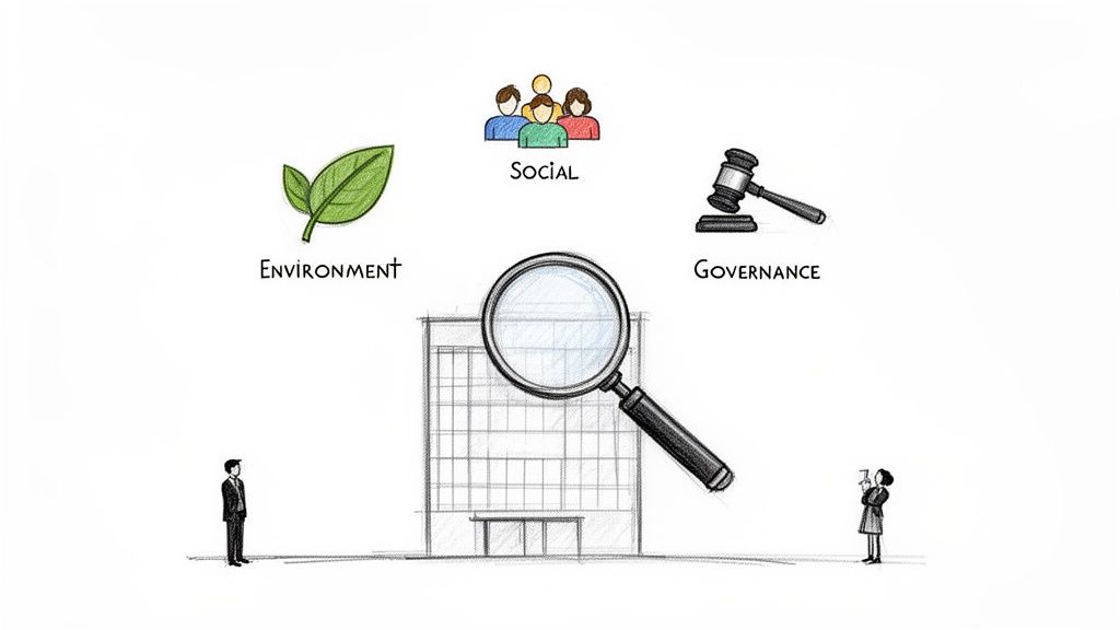Imagine ilustrând analiza factorilor ESG (Mediu, Social, Guvernanță) asupra unei companii, cu o lupă și persoane.