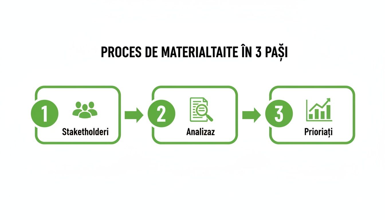 Diagramă procesuală de materialitate în 3 pași: identificare stakeholderi, analiză și prioritizare a aspectelor cheie.