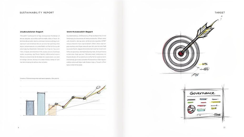 O pagină dintr-un raport de sustenabilitate cu texte, grafice ilustrative, o țintă cu săgeată și o diagramă de guvernanță.