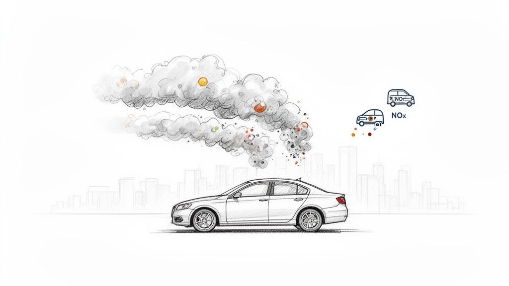 O mașină desenează un fum gros cu particule colorate, simbolizând poluarea aerului și emisiile de NOx.