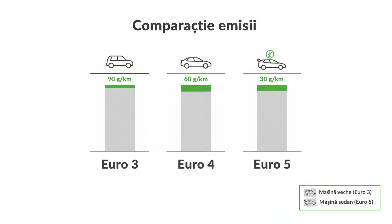 Diagramă comparativă a emisiilor de carbon pentru autoturisme conform normelor Euro 3, Euro 4 și Euro 5.