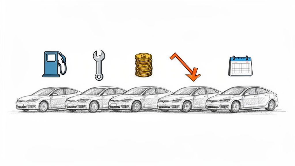 Cinci mașini albe cu pictograme pentru combustibil, cheie, bani, săgeată în jos și calendar, sugerând costuri reduse.