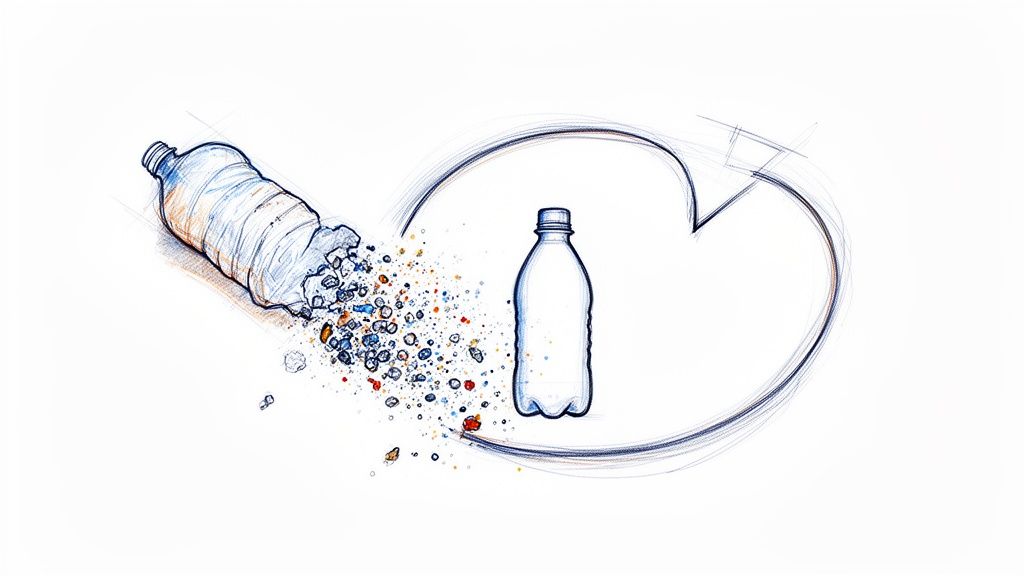 Ilustrație conceptuală a procesului de reciclare a plasticului: o sticlă uzată se transformă într-una nouă.