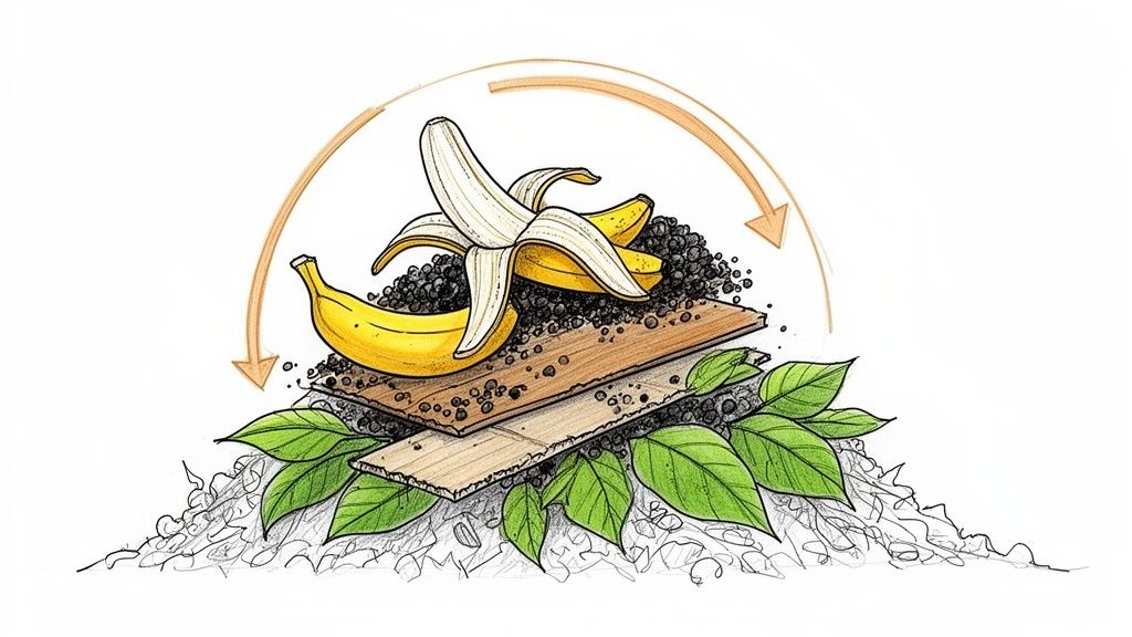 Compost cu straturi de deșeuri organice: frunze verzi, lemn, sol și banane, ilustrând ciclul natural de descompunere.