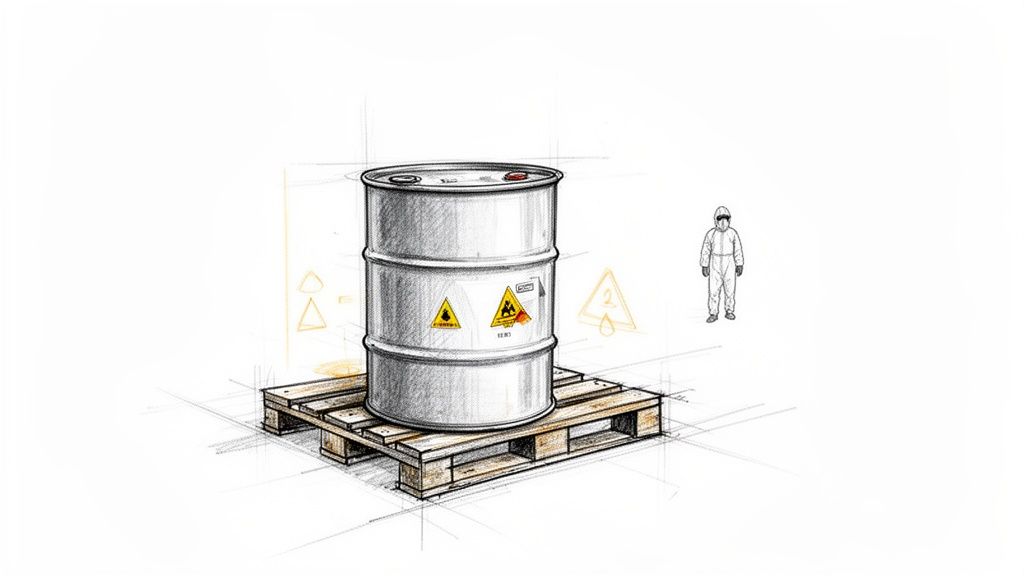 Schiță cu un butoi metalic cu etichete de pericol pe un palet și o persoană în costum de protecție.