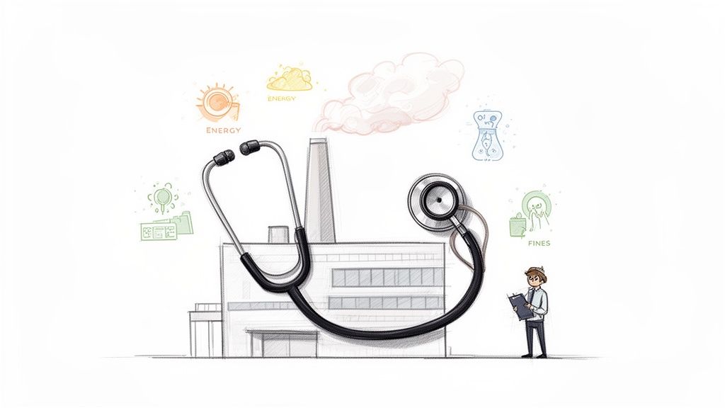 Ilustrație: Audit de mediu al unei fabrici, cu stetoscop, auditor, energie și emisii.