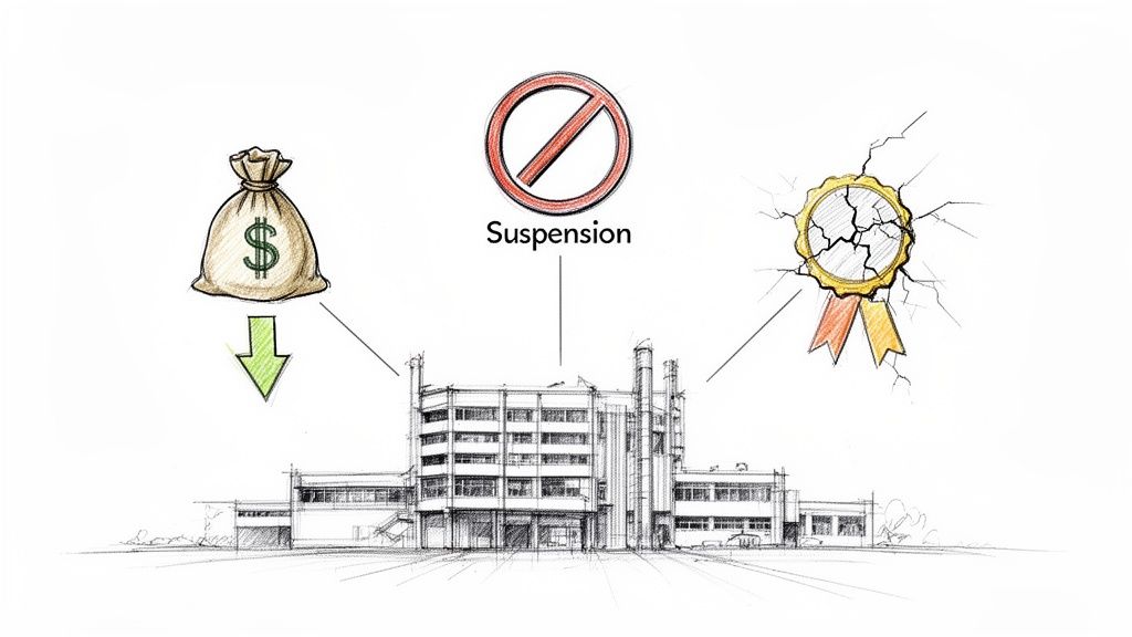 Ilustrație grafică a unei clădiri, cu un sac de bani în scădere, interdicție de suspendare și o medalie crăpată.