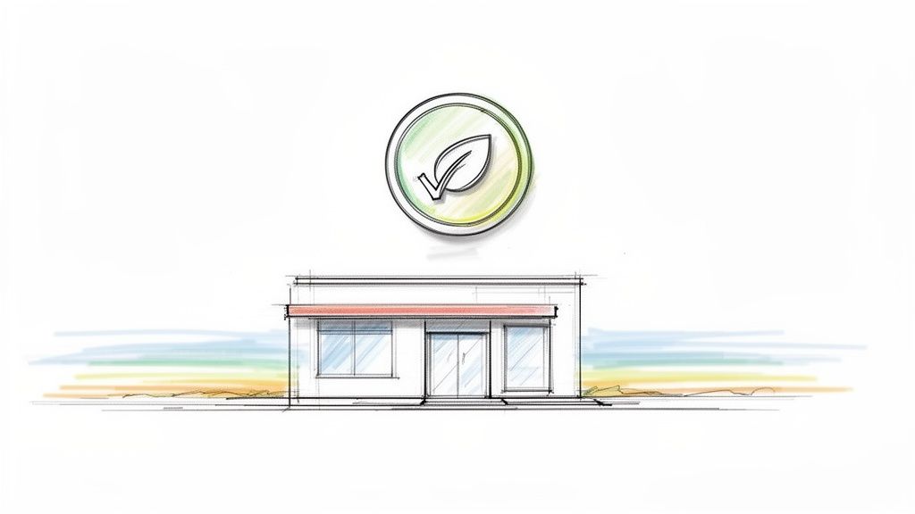 Schiță a unei clădiri moderne cu un simbol de frunză verde și bifă deasupra, reprezentând autorizația de mediu.