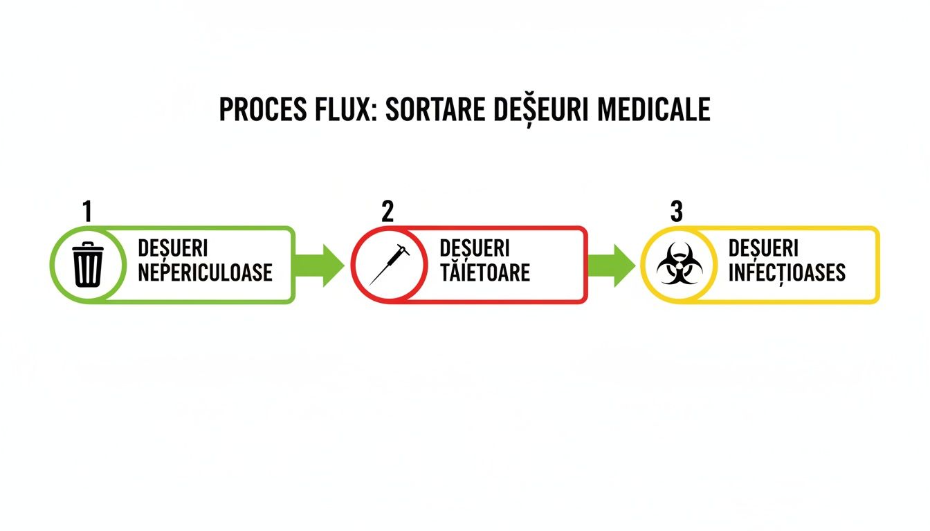 Diagrama fluxului de sortare a deșeurilor medicale, ilustrând pașii pentru deșeuri nepericuloase, tăietoare și infecțioase.