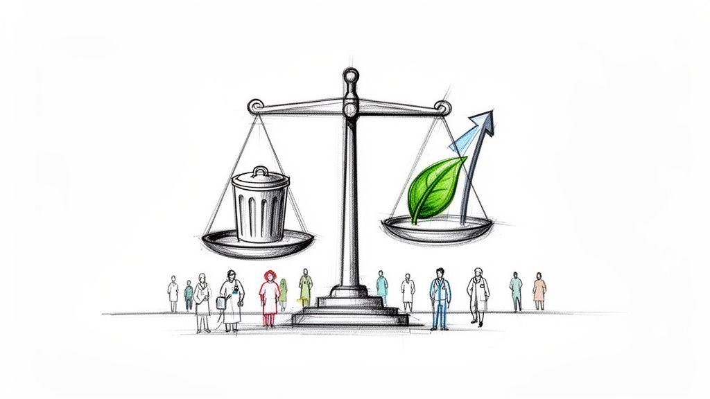 O balanță compară un coș de gunoi cu o frunză verde, indicând echilibrul între deșeuri și sustenabilitate.