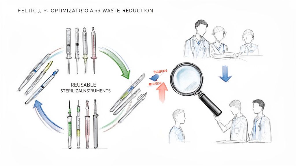 Diagramă explicativă a ciclului de utilizare a instrumentelor medicale reutilizabile pentru optimizarea și reducerea deșeurilor, implicând medici și instruire.