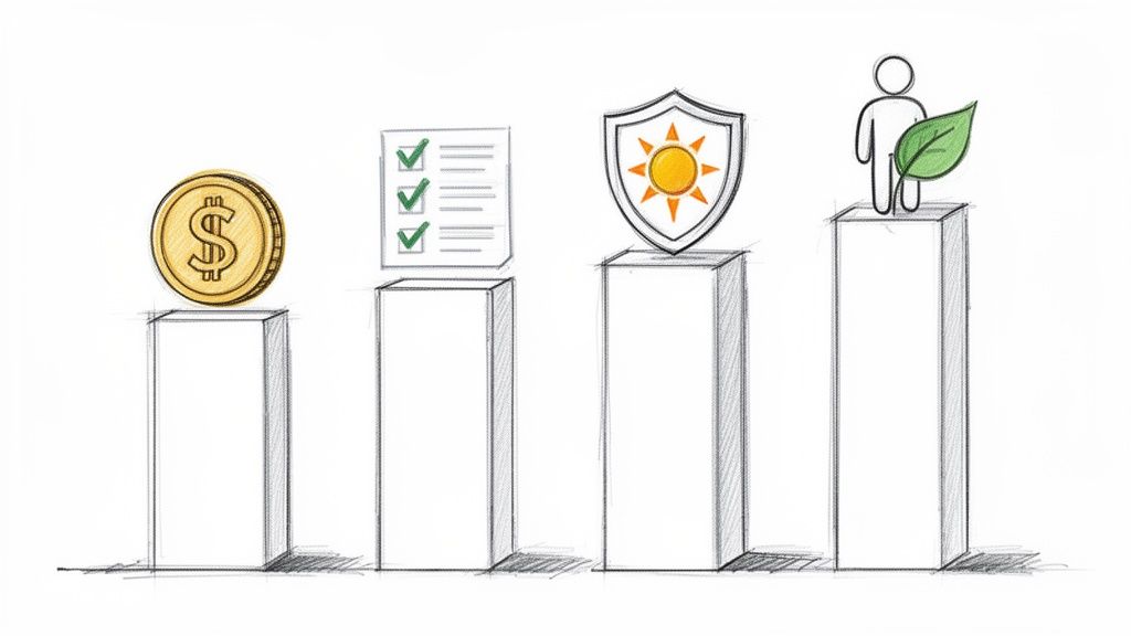O imagine stilizată ce ilustrează beneficii: economii financiare, conformitate, protecție solară și sustenabilitate ecologică.