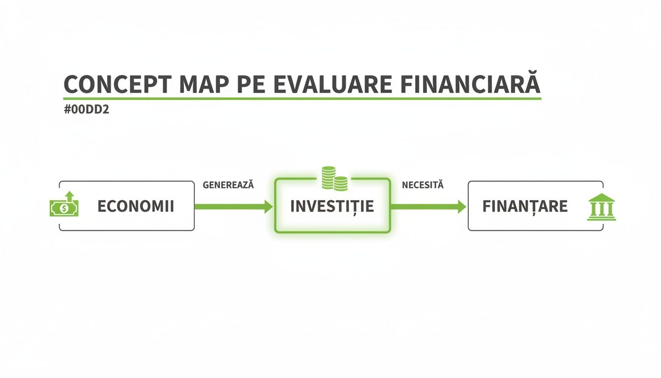 Diagramă concept map despre evaluare financiară, arătând relația dintre economii, investiție și finanțare.