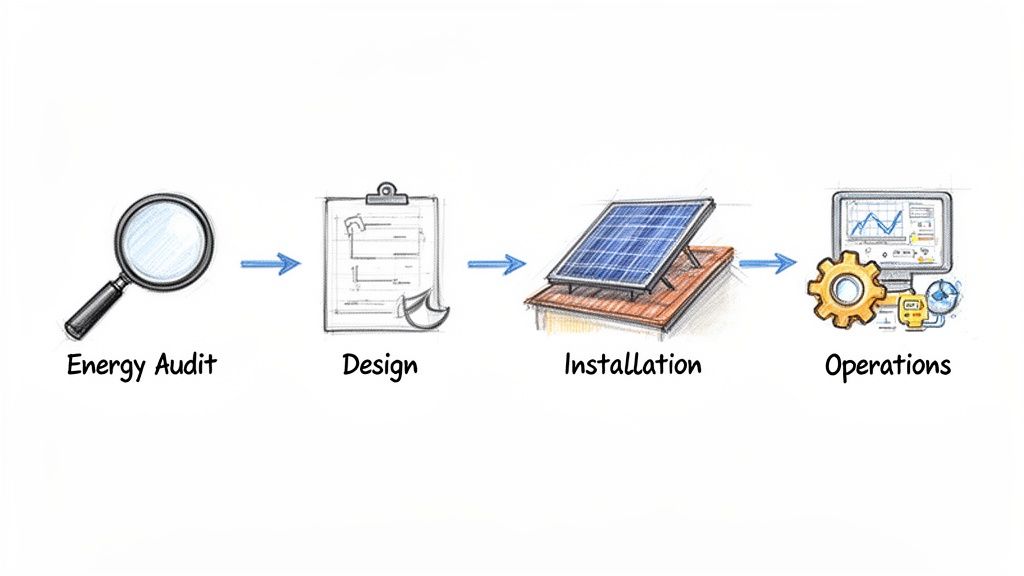 Ilustrație a procesului de implementare a energiei solare, incluzând audit, design, instalare și operațiuni.
