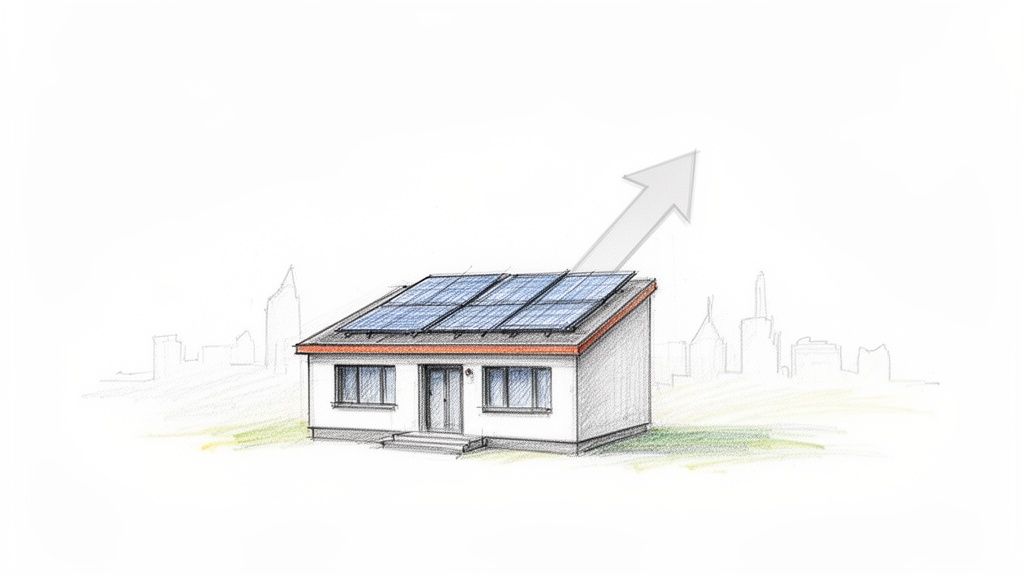 Ilustrație: casă cu panouri solare pe acoperiș și săgeată crescătoare, simbolizând beneficiile energiei.