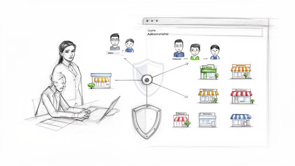 Ilustrație ce prezintă administratori, o platformă digitală cu utilizatori, magazine și securitate cibernetică.