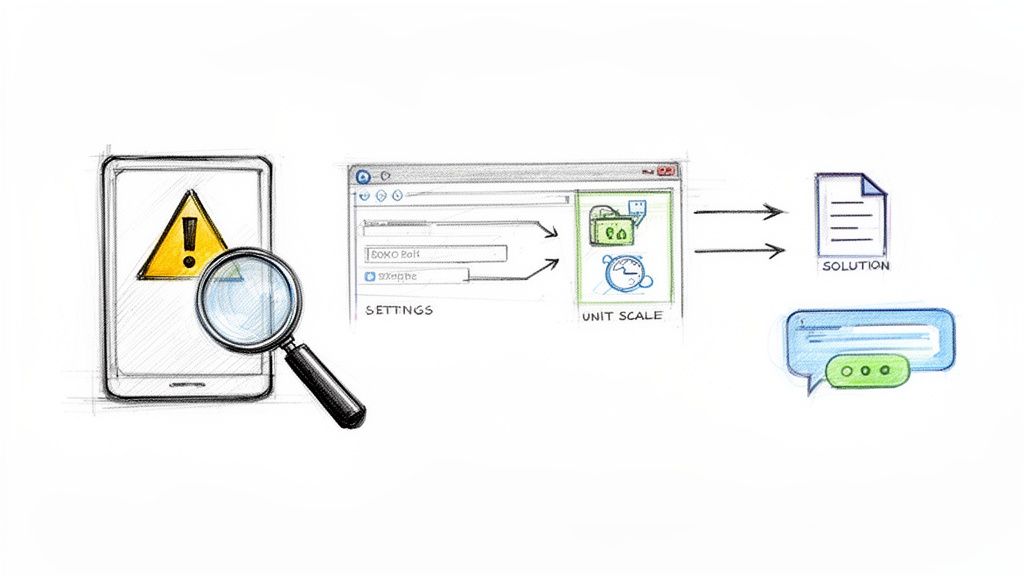 Diagramă schițată cu telefon, lupă, setări de sistem și o soluție documentată cu mesaj.