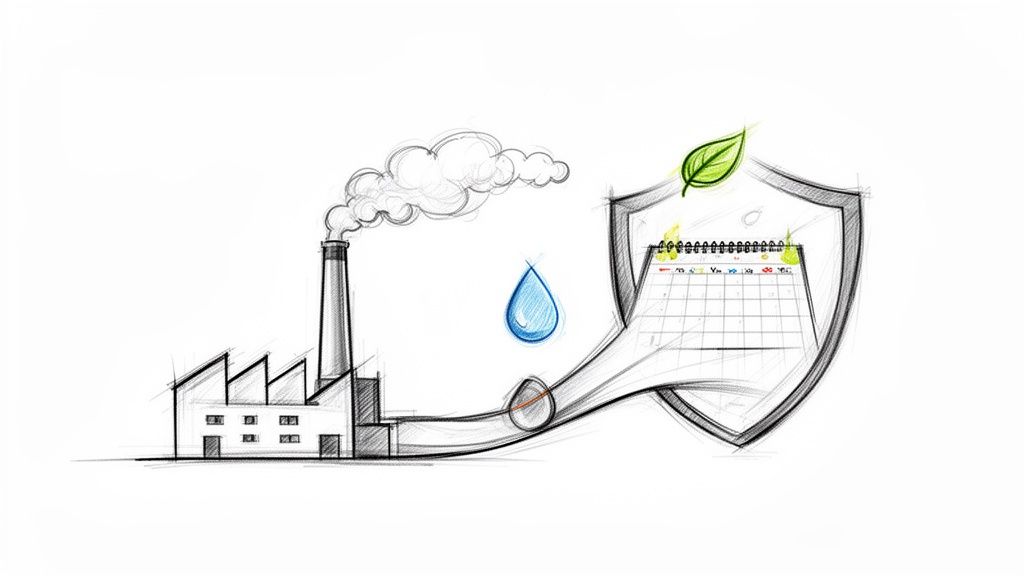 Desen cu o fabrică, fum, o picătură de apă, un calendar și o frunză verde, simbolizând protecția mediului.