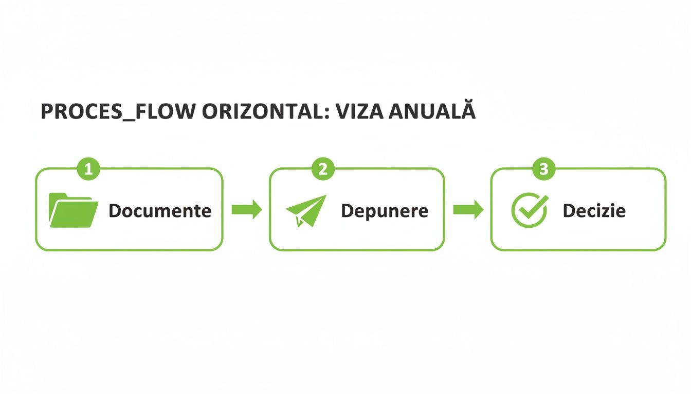 Un flux de proces orizontal ilustrând etapele pentru obținerea unei vize anuale: Documente, Depunere, Decizie.