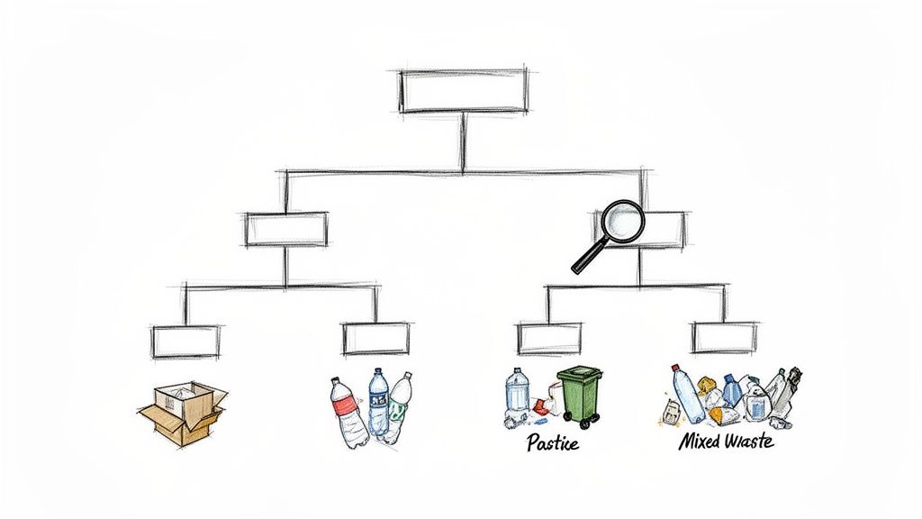Diagramă ierarhică cu categorii de deșeuri: carton, sticle de plastic, plastic și deșeuri mixte, ilustrând sortarea.