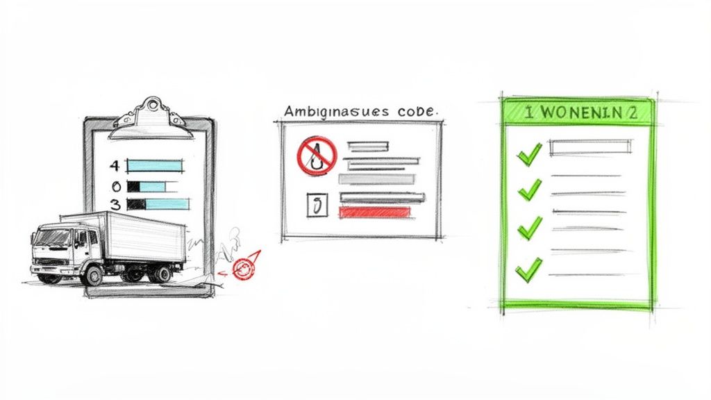 Imagine desenată manual reprezentând un proces logistic: un clipboard cu un camion, un cod ambiguu și o listă de verificare verde.