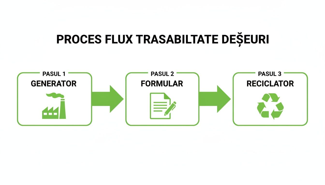 Diagramă proces flux trasabilitate deșeuri cu trei pași: generator, formular, reciclator și săgeți indicând direcția.