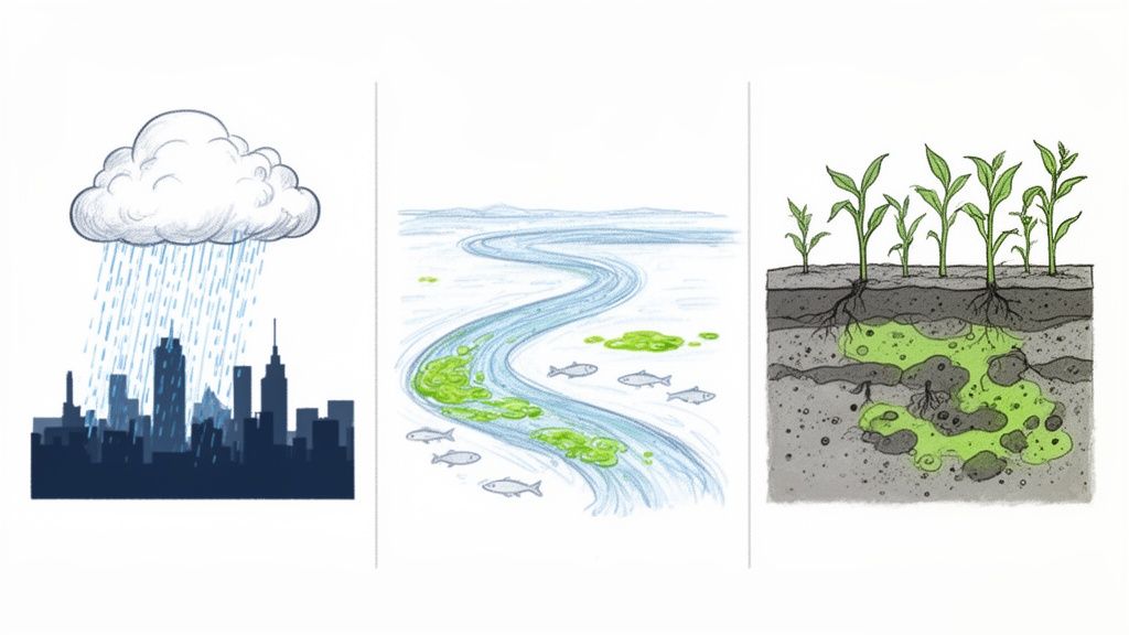 Imagine ilustrând efectele poluării: ploaie urbană, râu cu alge și pești morți, sol contaminat.