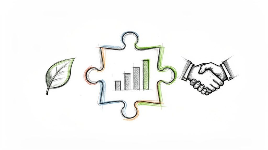 Ilustrație cu frunză, piesă de puzzle cu grafic de creștere și strângere de mână, simbolizând un acord de mediu durabil.