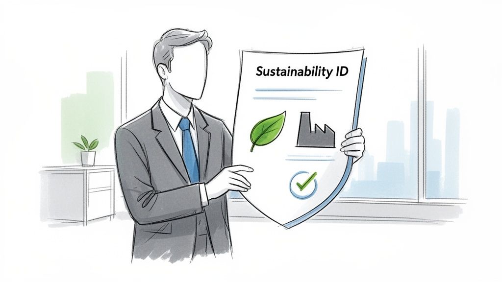 Un bărbat de afaceri prezintă un document „Sustainability ID” cu simboluri ecologice și industriale.