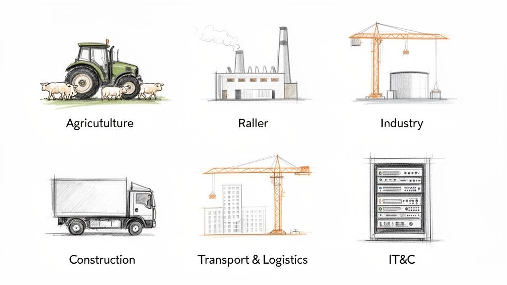 Ilustrație cu șase sectoare economice: agricultură, fabrici, industrie, construcții, transport și logistică, și IT&C.