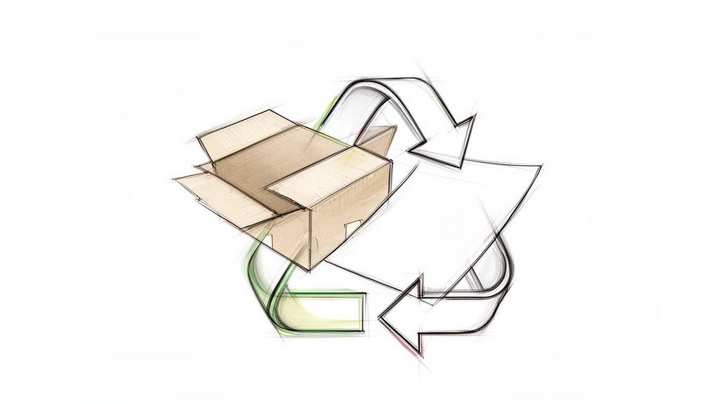 O cutie de carton și o foaie de hârtie desenate artistic într-un simbol verde de reciclare.