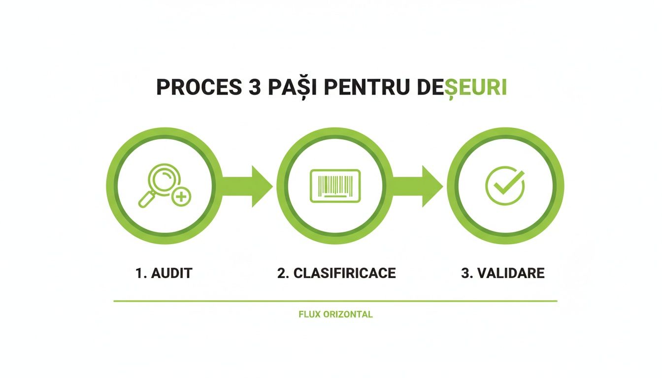 Diagrama procesului de gestionare a deșeurilor în 3 pași: audit, clasificare și validare, prezentat orizontal.