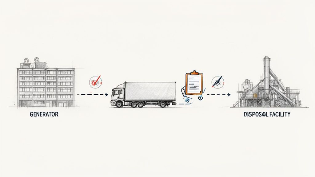 Fluxul de gestionare a deșeurilor, incluzând generarea, transportul cu camionul și procesarea la o facilitate specializată.