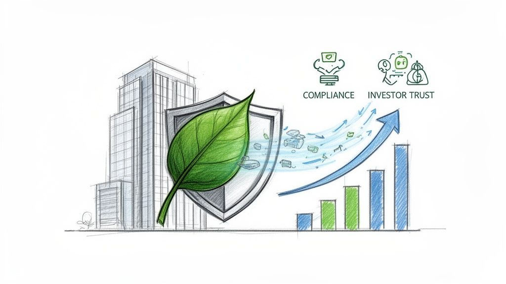 Ilustrație: clădiri, un scut cu o frunză verde, date transformându-se în creștere pe un grafic, cu concepte de conformitate și încredere investitori.