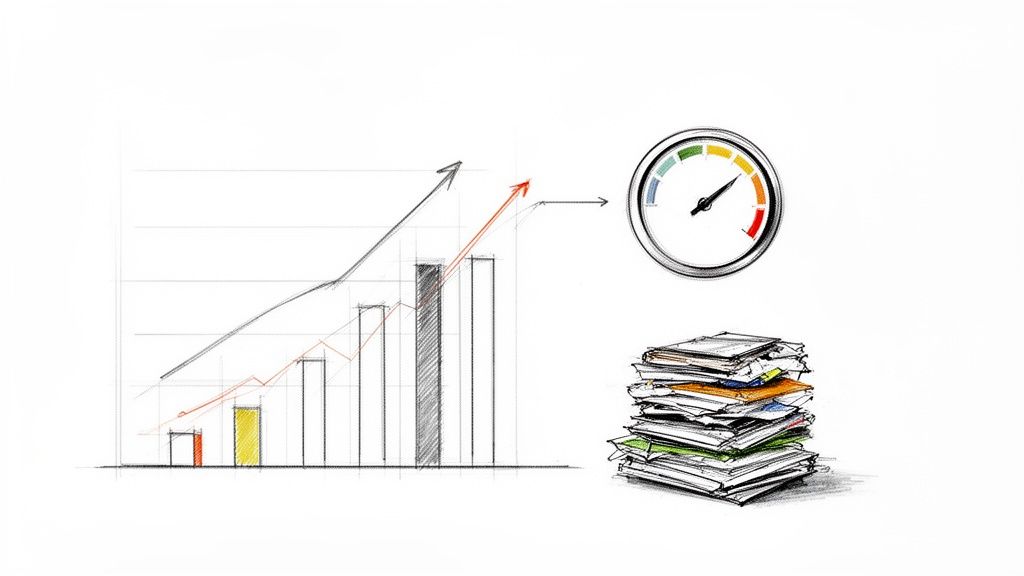 Grafic de creștere a performanței cu săgeți ascendente, un indicator de viteză și o grămadă de documente pe un fundal alb.