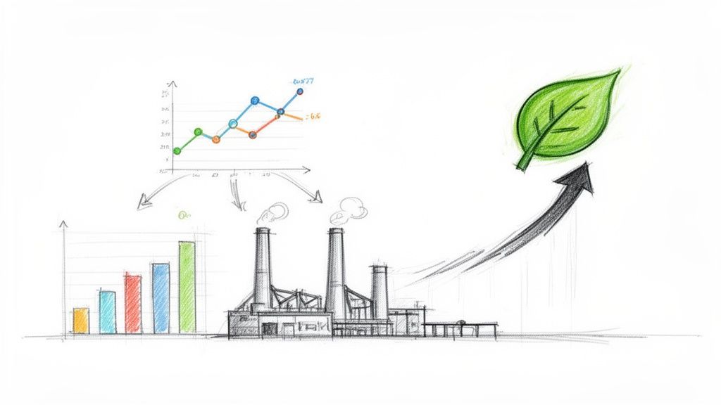 Schiță a unei fabrici, grafice de date și o frunză verde cu o săgeată în sus, simbolizând sustenabilitatea.