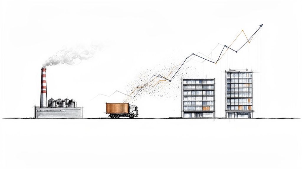 Ilustrație cu o fabrică, un camion, clădiri de birouri și un grafic de creștere, simbolizând industria și impactul.