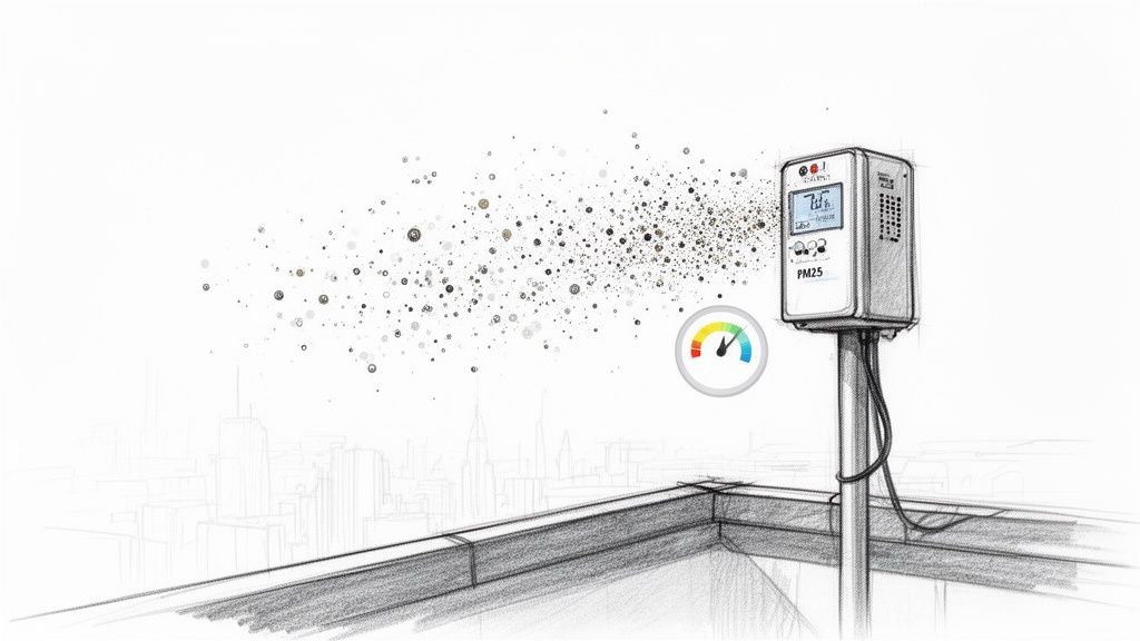 Monitor de calitate a aerului PM2.5 pe un acoperiș, cu poluare vizibilă și o vedere schematică a orașului.