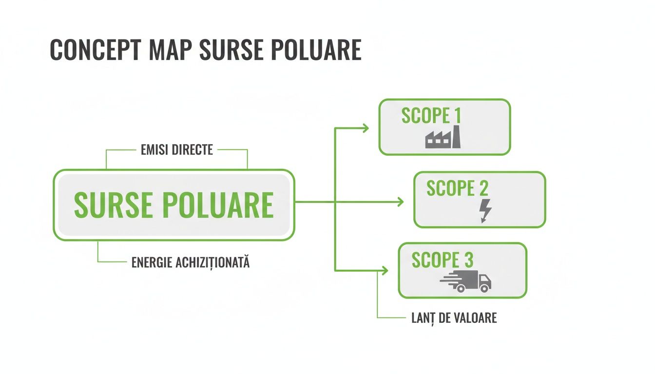 O diagramă conceptuală despre sursele de poluare, detaliind emisiile directe, energia achiziționată și cele trei scopuri (Scope 1, 2, 3) în lanțul de valoare.