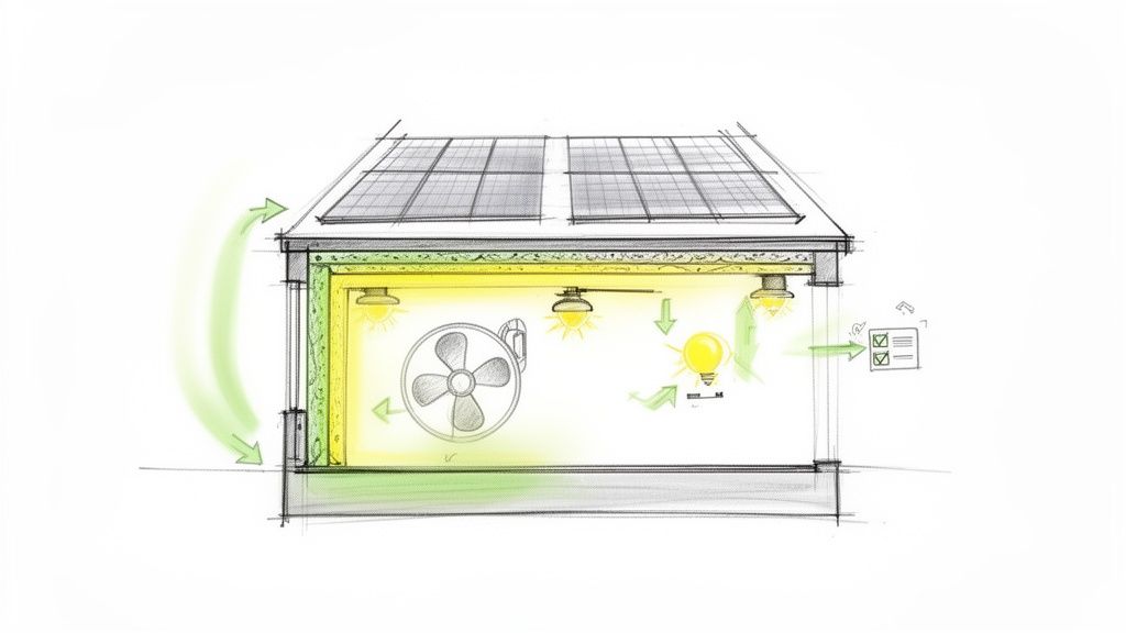 Schiță cu o clădire verde, panouri solare, iluminat interior și ventilație pentru un mediu controlat.