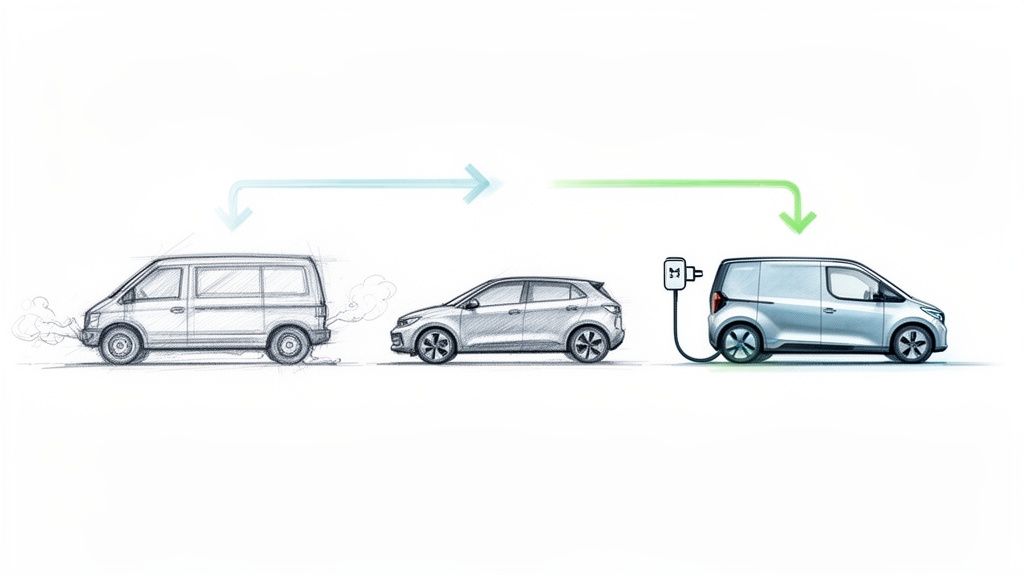 O ilustrație cu o furgonetă veche poluatoare, o mașină modernă și o furgonetă electrică la încărcat, simbolizând tranziția la vehicule curate.