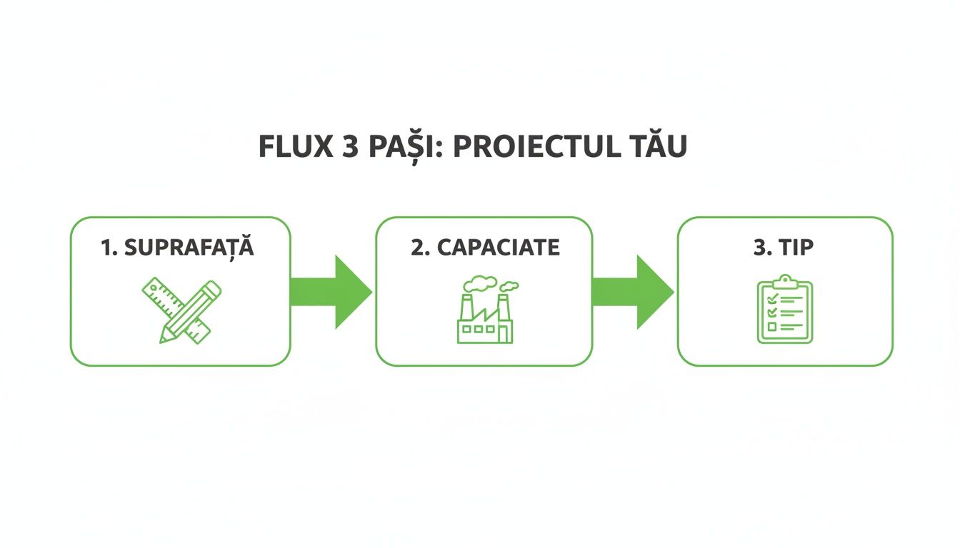 Diagramă flux 3 pași: suprafață, capacitate, tip pentru proiectul tău, cu pictograme relevante.