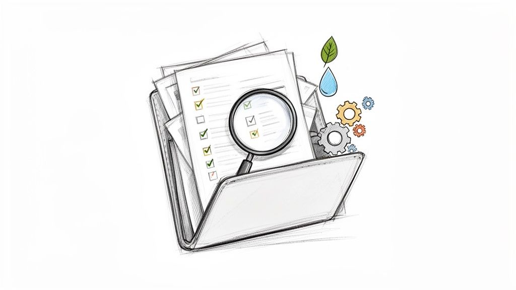 Doodle cu dosar deschis, documente cu liste de verificare, lupă, frunză verde, picătură de apă și angrenaje colorate, simbolizând auditul de mediu.