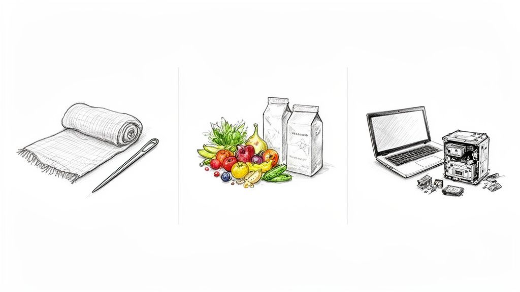 Trei ilustrații alb-negru: material textil cu ac, alimente proaspete și ambalate, și componente electronice (laptop și calculator).