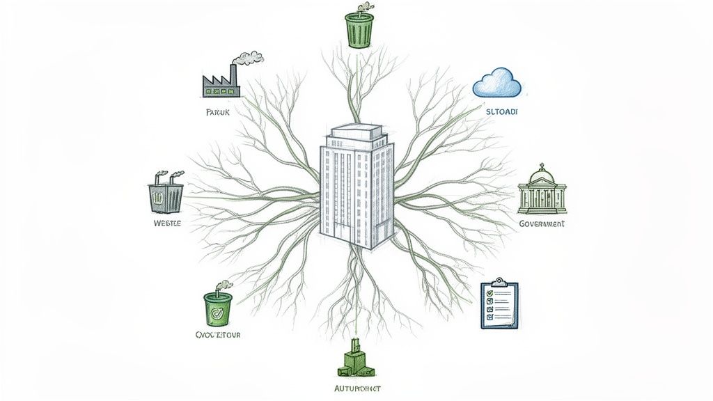 Diagramă ce prezintă o clădire centrală conectată la entități precum industrie, guvern și gestionarea resurselor, sugerând un ecosistem integrat.