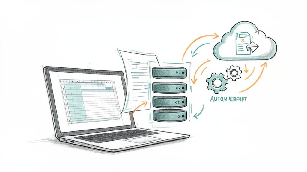 Ilustrație digitală a unui sistem integrat de procesare date, automatizare și cloud, cu laptop și servere.