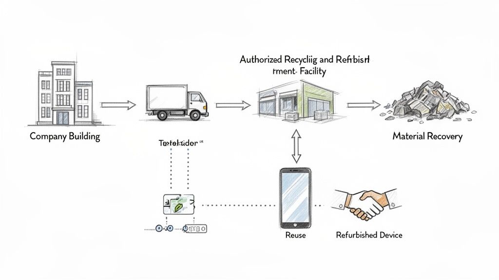 Diagramă care prezintă ciclul de gestionare a deșeurilor electronice, de la colectare la reciclare și refabricare a dispozitivelor.